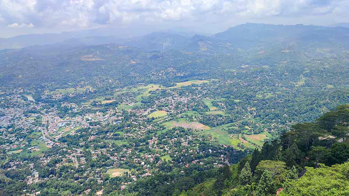 Bird's-eye view of Gampola town and surrounding valley from Ambuluwawa Tower observation platform