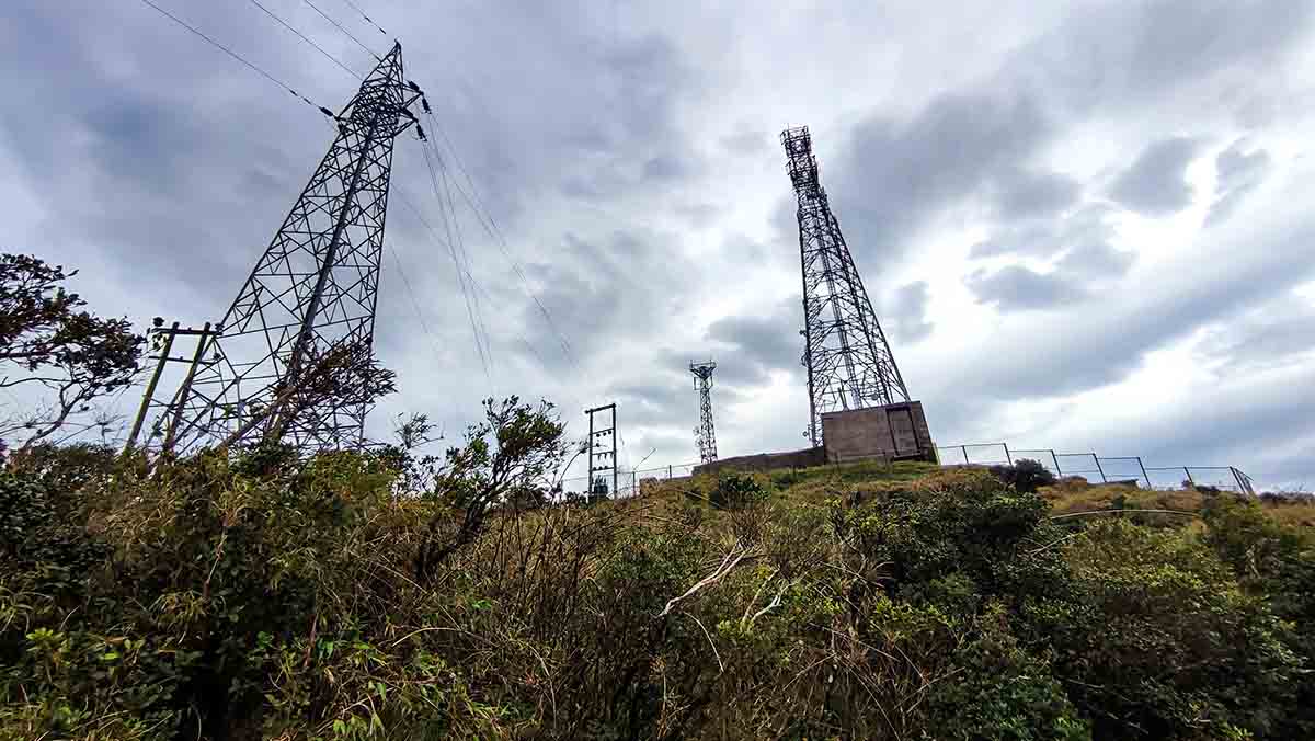 Communication towers at Riverston Top summit on the open highland ridge